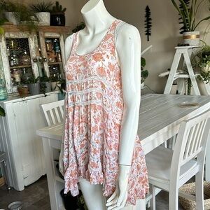 Free people, long tank top floral pink/rust/lace mini dress EUC 100% Ray…